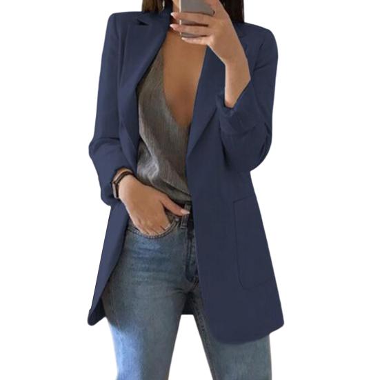 

Жіночий костюмний піджак Лацкан Довгий рукав Відкритий крій Піджак-костюм з кишенями Однотонний Приталений Офісний Робочий Базовий Верхній одяг S темно-синього кольору