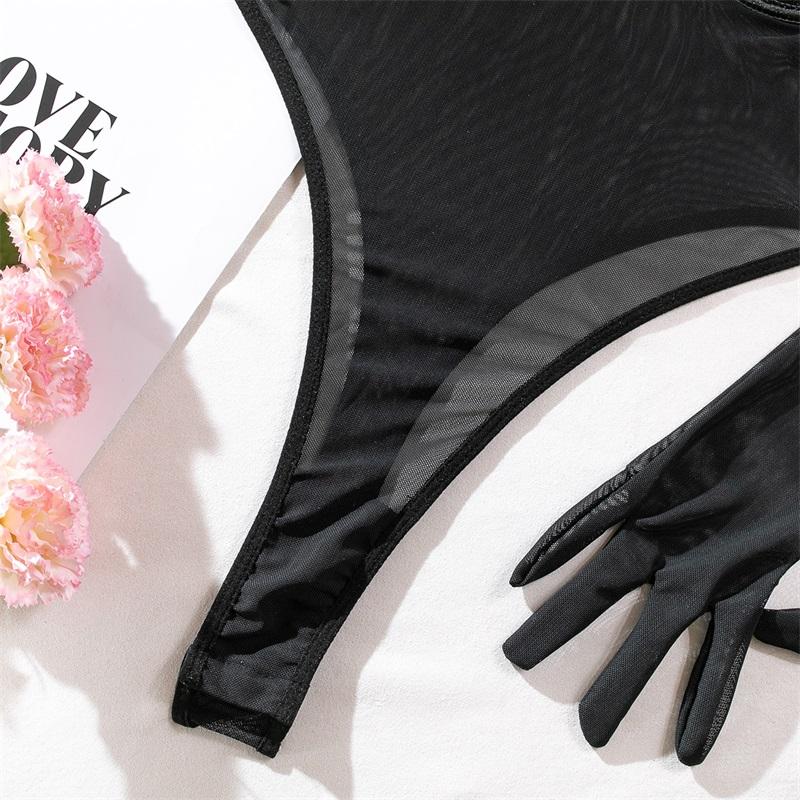 Aduloty Women Sexy Lingerie Erotic Bodysuit Perspective Minimalist Basic Slim Fit Hip Lifting Glove Matching Underwear Set