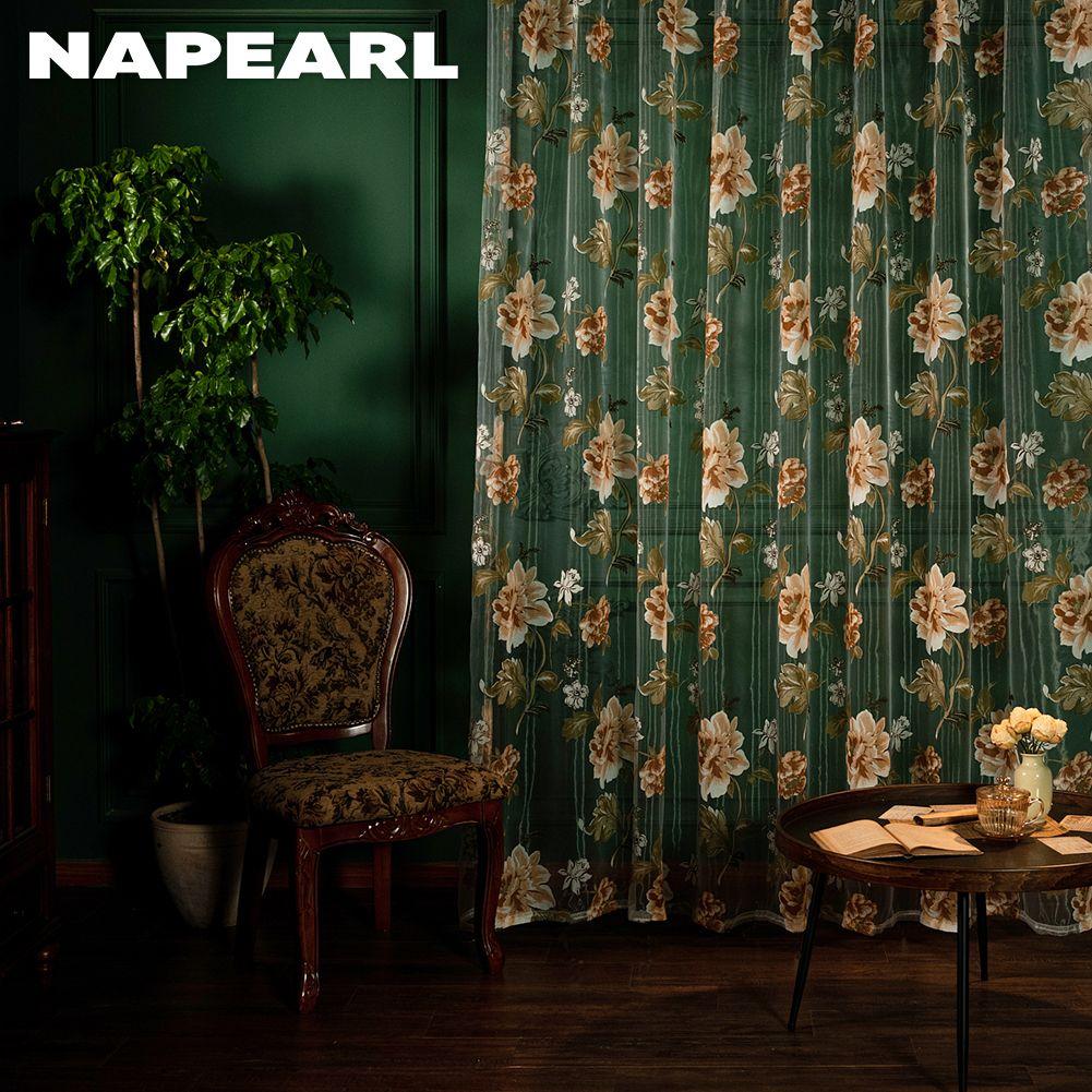 1PC Modern Fashionable Retro Peony Printed Transparent Sheer Window Curtain for Living Room Bedroom Home Decor NAPEARL