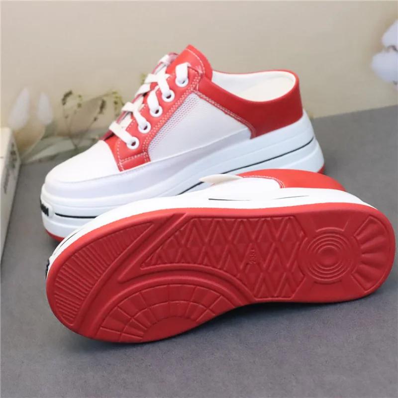Fashion 8CM Women Summer Shoes Slippers White Genuine Leather Air Mesh Breathable Platform Wedge Heel Mules Shoes Chunky Footwear