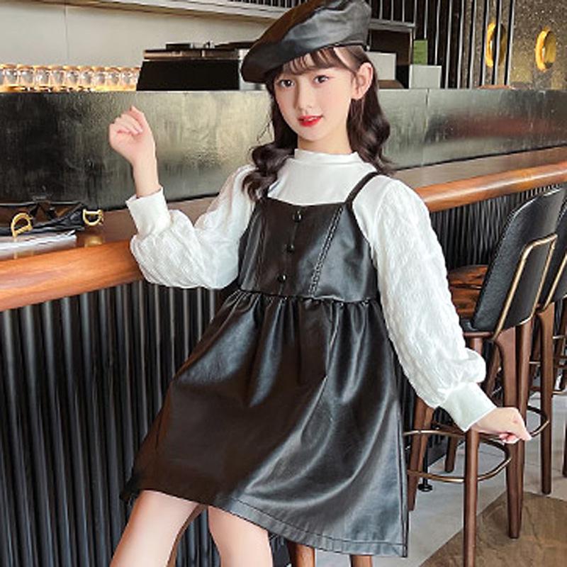 

«Осенне-зимняя мода для девочек 2024 года»: Детский комплект из двух предметов: рубашка с длинными рукавами и кожаная юбка. 150 cm чёрный