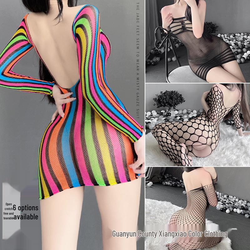 Linlinting Plus Size Sexy See-through Cutout Bodysuit with Open Crotch Stockings Set