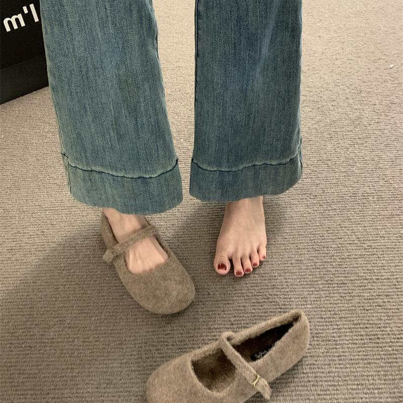 2025 new wool integrated fleece single shoes women's soft-soled Mary Jane ballet shoes fluffy shoes flat-soled outer wear