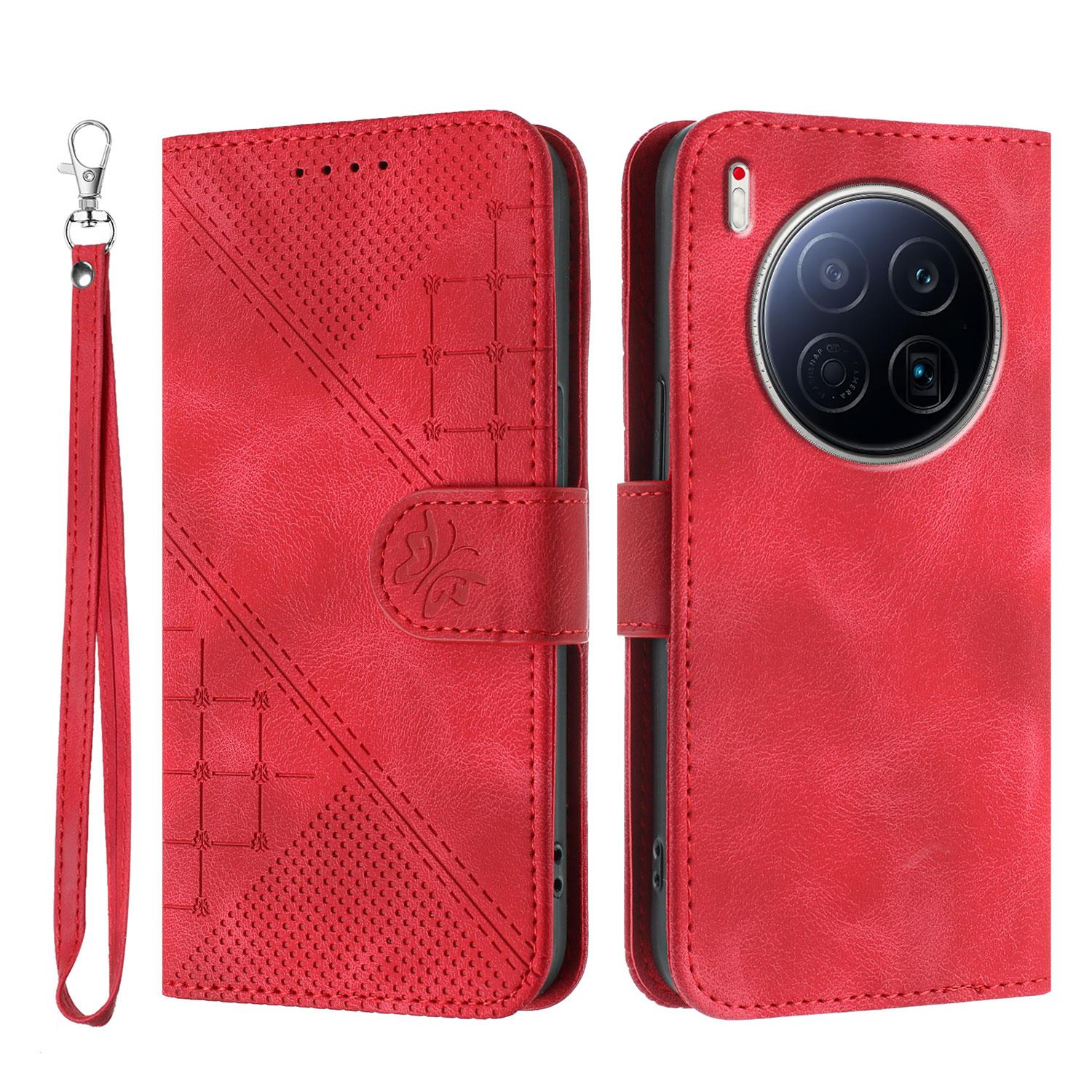 

For Realme 14 Pro 5G Leather Wallet Case Butterfly Flower Imprinted Phone Cover with Strap Red