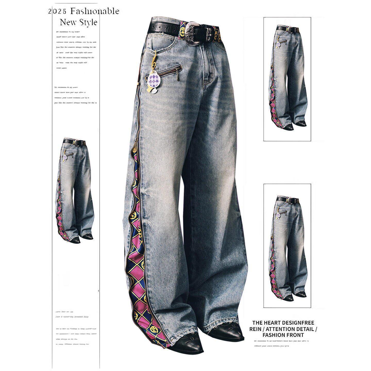 Herren Retro Patchwork Reißverschluss Jeans - Herbst/Winter Weitbeinige Bodenlange Hose XXL blau