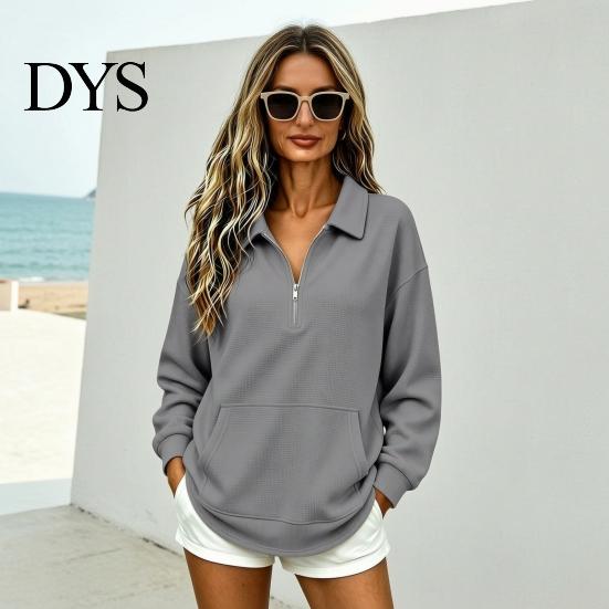 Casual Waffle Sweatshirt Women Half-zip Sweatshirt, Long Sleeve Pullover Top with Kangaroo Comfortable Pockets Pocket, Loose Fit Lapel for Fall Winter