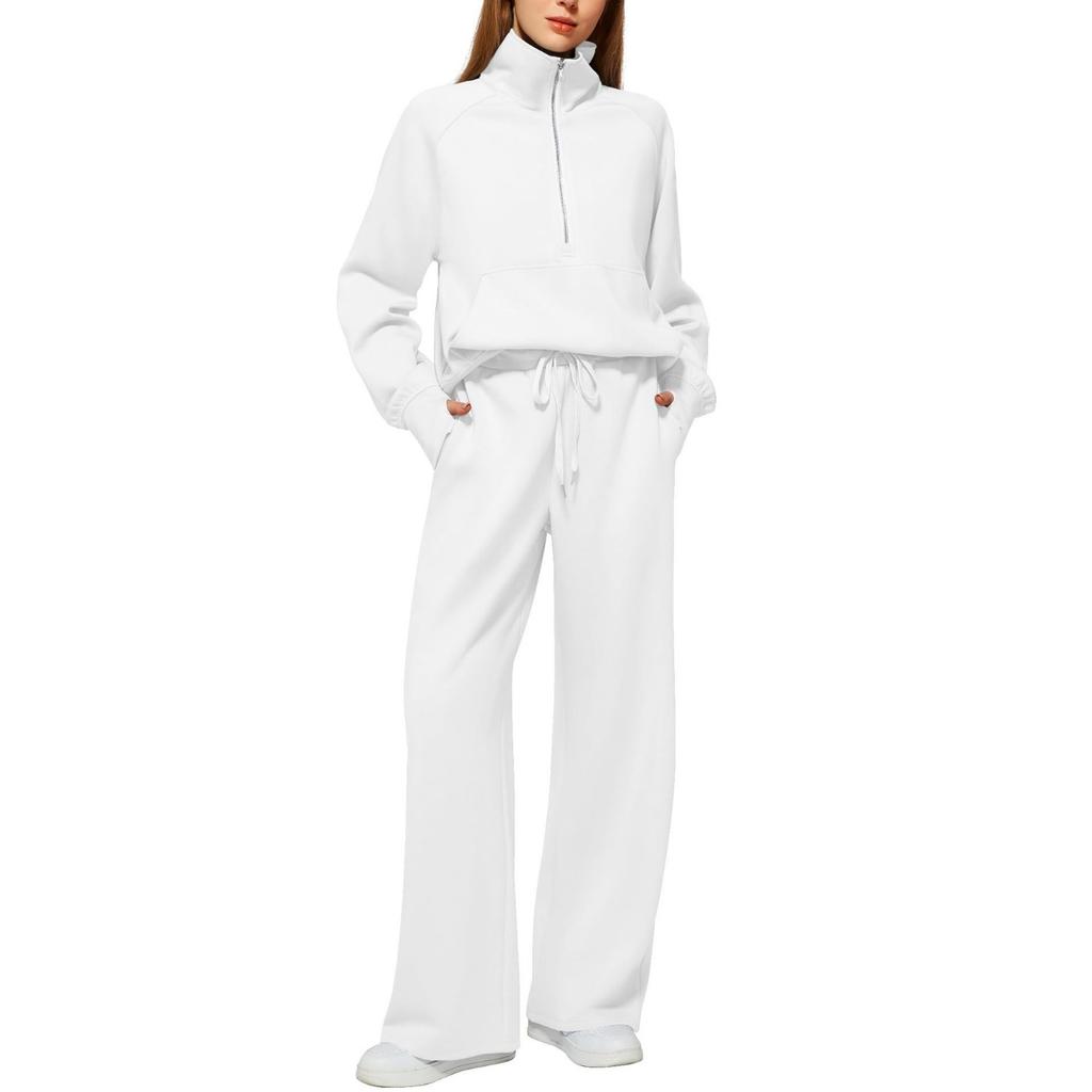 2025Women Coat Pants Set Stand Collar Long Sleeve Zip-up Elastic Cuff Jacket Drawstring Stretchy High Waist Wide Leg Trousers Sport Tracksuit