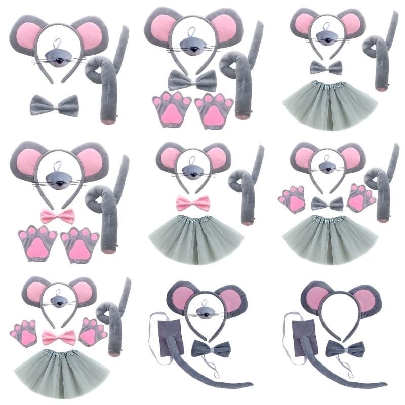 Halloween Mäuse Kostüm Tier Verkleidungssets Enthält Maus Haarband, Schwanz, Nase, Fliege für Kinder Halloween Cosplay Party