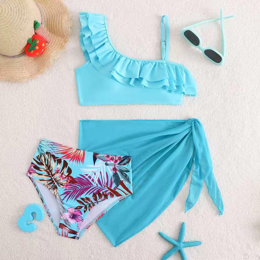 Girls Fashion High Waist Three Piece Swimsuit Set with Ruffle One Shoulder Top Printed Bottom and Sheer Wrap Skirt for Beach Pool