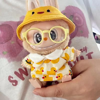 Cute Yellow Duck Print Doll Outfit Bucket Hat Glasses Dress Set For 15-17cm Labubu Plush Blind Box Doll Daily Dress Up Costume