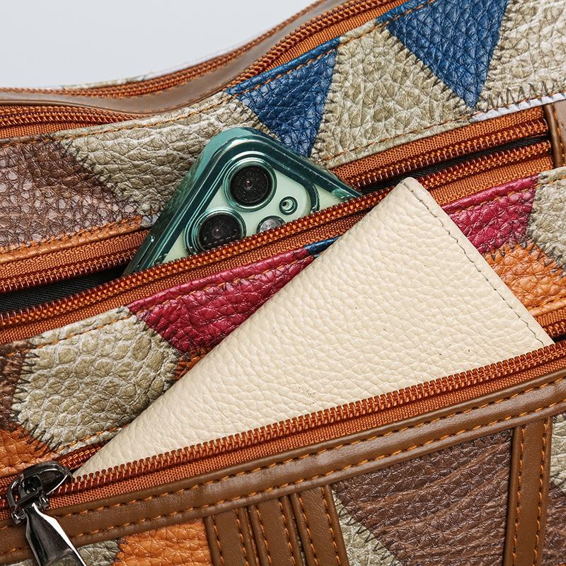 New Middle-Aged Mom Crossbody Bag Patchwork Color-Block Fashion Vintage Multi-Compartment Large Capacity Commuter Shoulder Bag