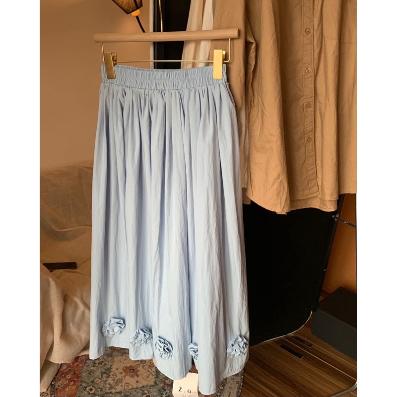 

Handmade Three-Dimensional Rose Spring and Summer Large Swing Elastic A- line Skirt Long Dress C599 Black