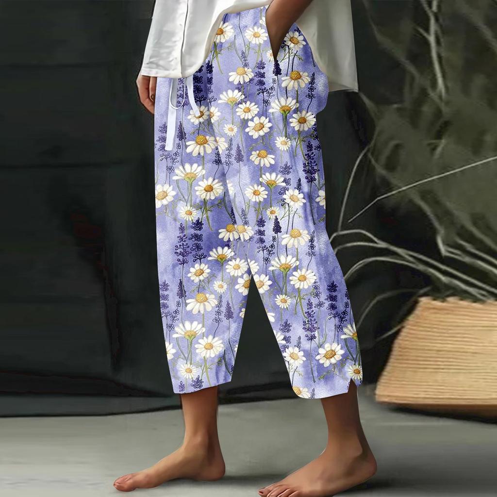 Women's Wide Leg Pants High Waist Casual Print Lace-up Elastic Waist Loose Casual Pants Cropped Pants