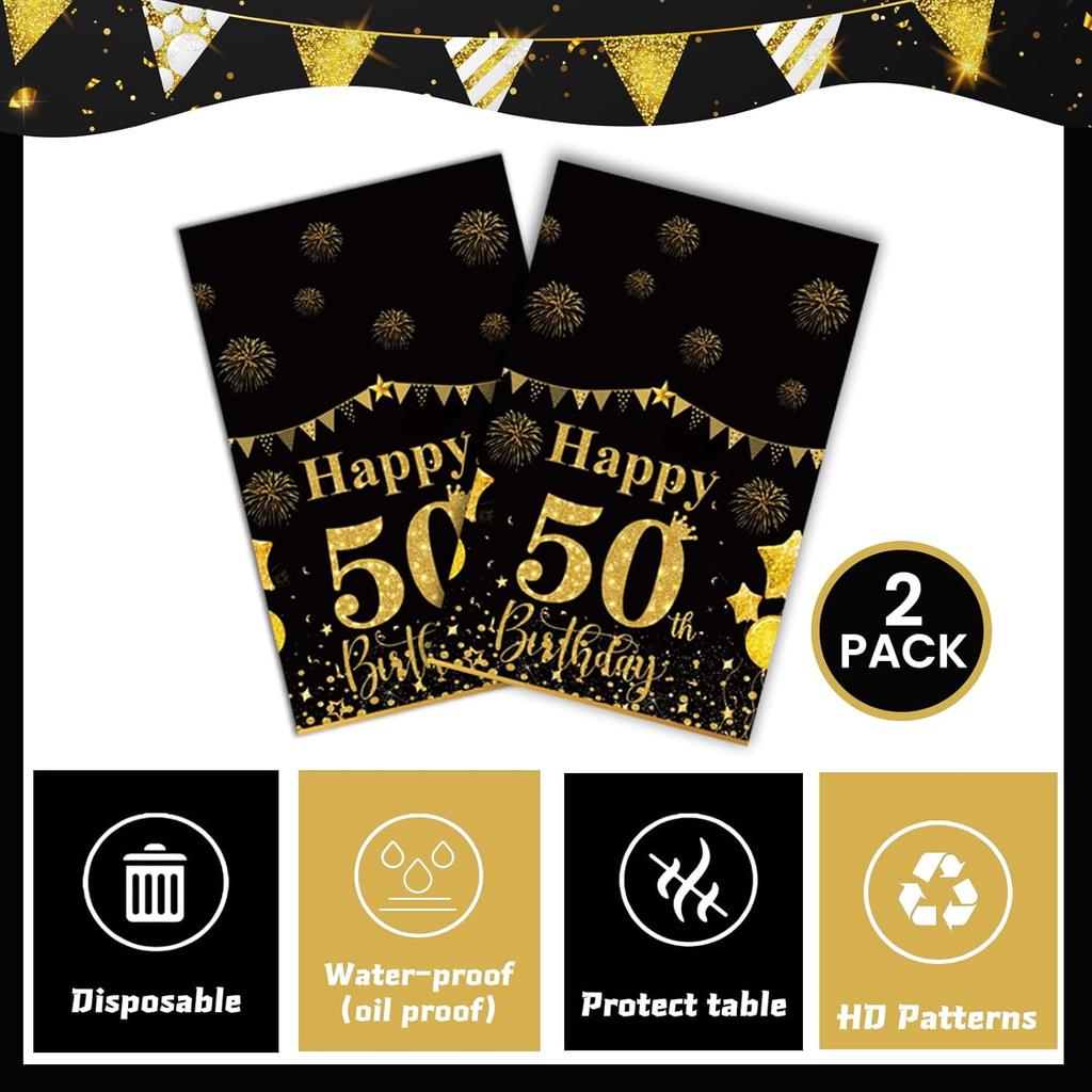 50th Black Gold Birthday Tablecloths Plastic Disposable 2 Pack Table Cloth Happy Party Birthdays Decorations Rectangular Table Cover 54"x108"