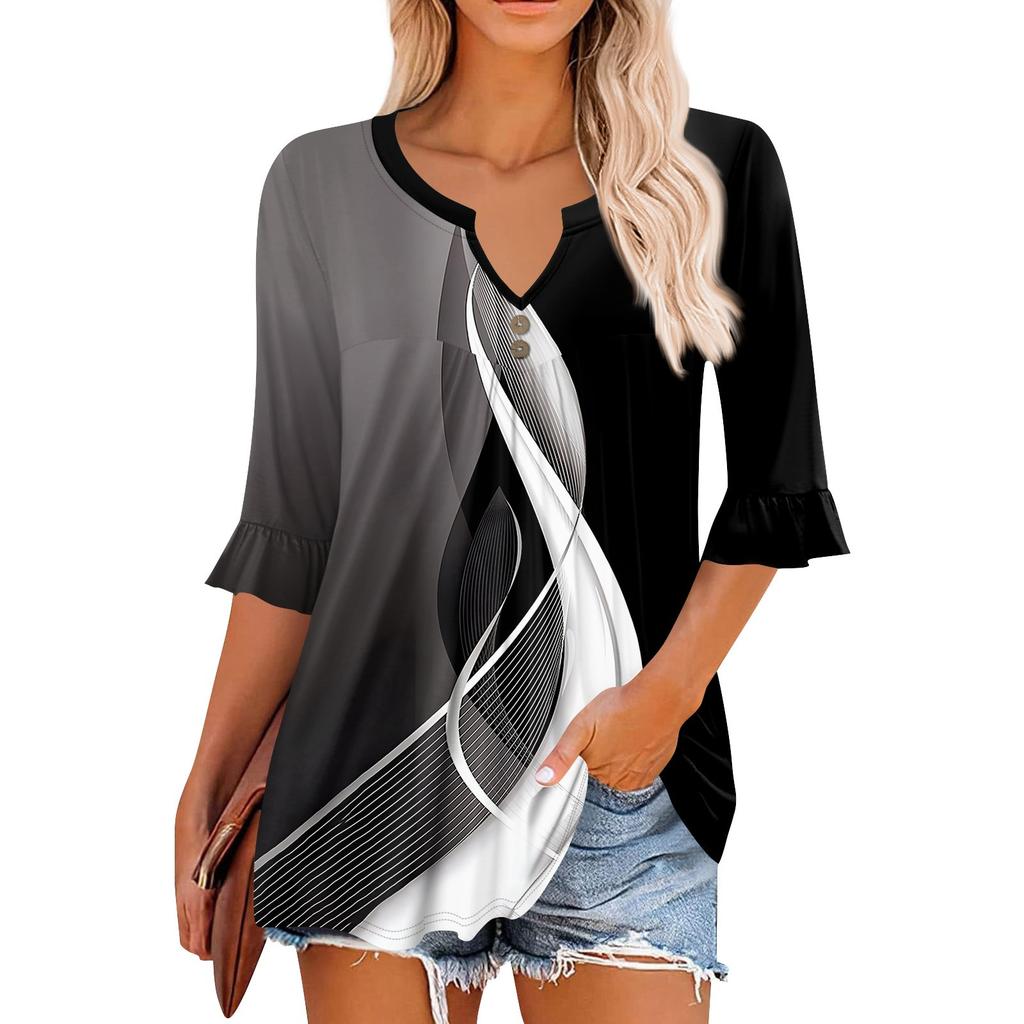 3/4-Ärmel Oberteile für Damen Lässige Rüschen V-Ausschnitt T-Shirts Arbeitsblusen Elegante Tunika-Oberteile