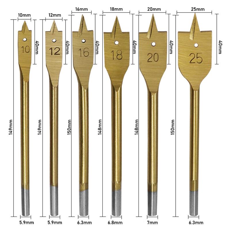 6-teiliges Set Titan-Sechskantschaft-Spatenbohrer Flachbohrer Holzbohrer 3-Punkt-Holzbearbeitungsöffner Elektrowerkzeuge Lochsäge 10-32 mm