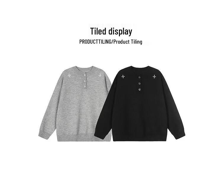 Men's Korean Style Grey Henley Knit Sweater, Long-Sleeve, Round Neck, Winter 2026 Edition