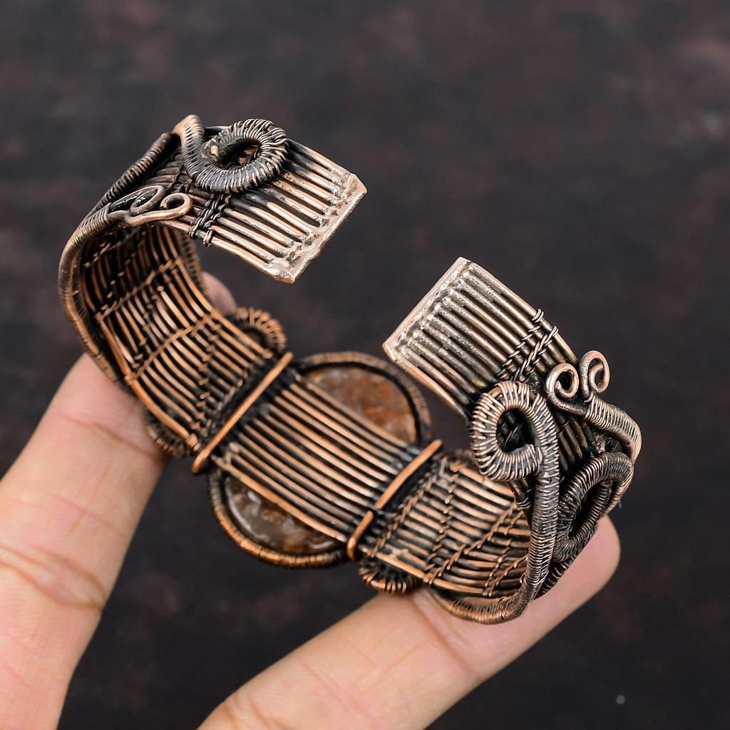 Bransoletka mankietowa z kamieniem słonecznym, owijana drutem miedzianym, regulowana bransoletka bangle, biżuteria z kamieniem słonecznym, miedziana bransoletka mankietowa, ręcznie robiona bransoletka designerska
