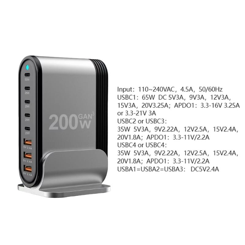 Aluminum Alloy Desktop Stand Charging Adapter 200W Charger with 3xUSB and 5xType C Interfaces for Multiple Devices