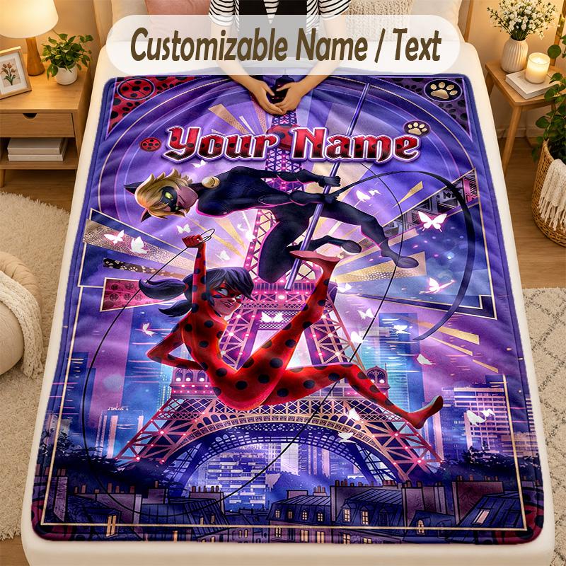 Couverture en Flanelle Miraculous Ladybug Nom Personnalisé Texte Personnalisé Douce Chaude Jeté Décoration de Maison Cadeau