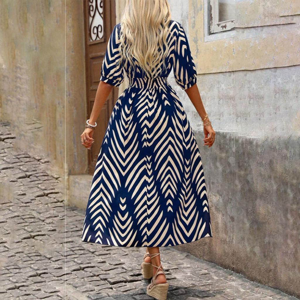 Ladies' Summer Loose Half-sleeved V-neck Blouse With Loose And Tight Waistline Casual Dress