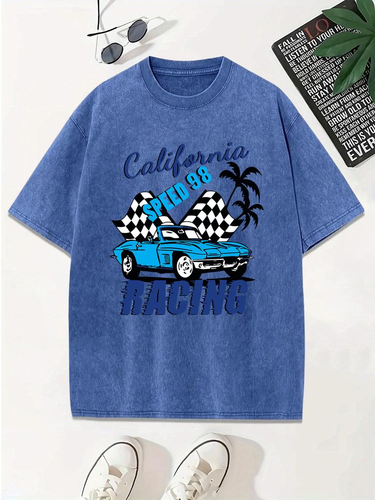California Speed Racing Prints Washed TShirt Women Cotton Oversized Tops Casual ONeck Distressed T Shirt Summer Clothes