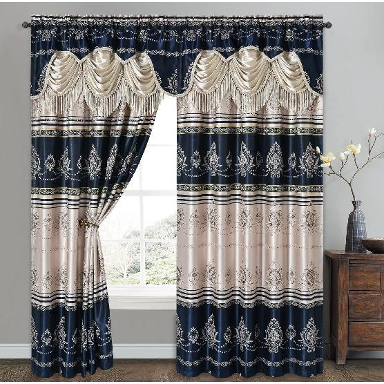 GOHD Harmony Horizon. Jacquard Farmhouse Window Curtain Panel Drape with Attached Fancy Valance. 2pcs Set. Each pc 54" Wide x 90" Drop with 18"