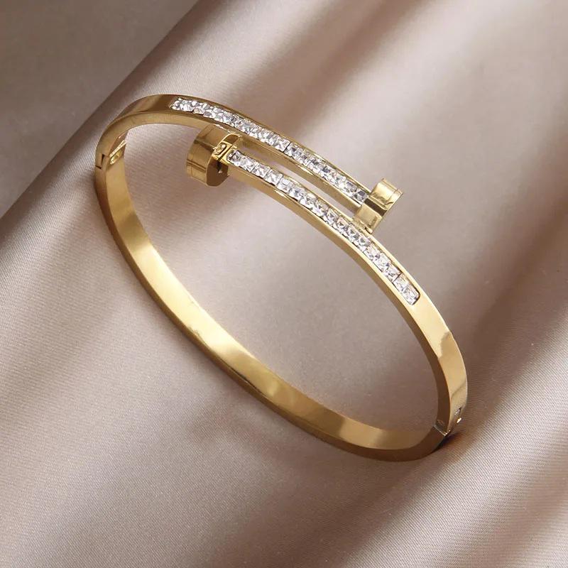 Exquisite Titanium Steel Nail Bangle with Micro-Paved Zircon - High-End Women's Fashion Bracelet