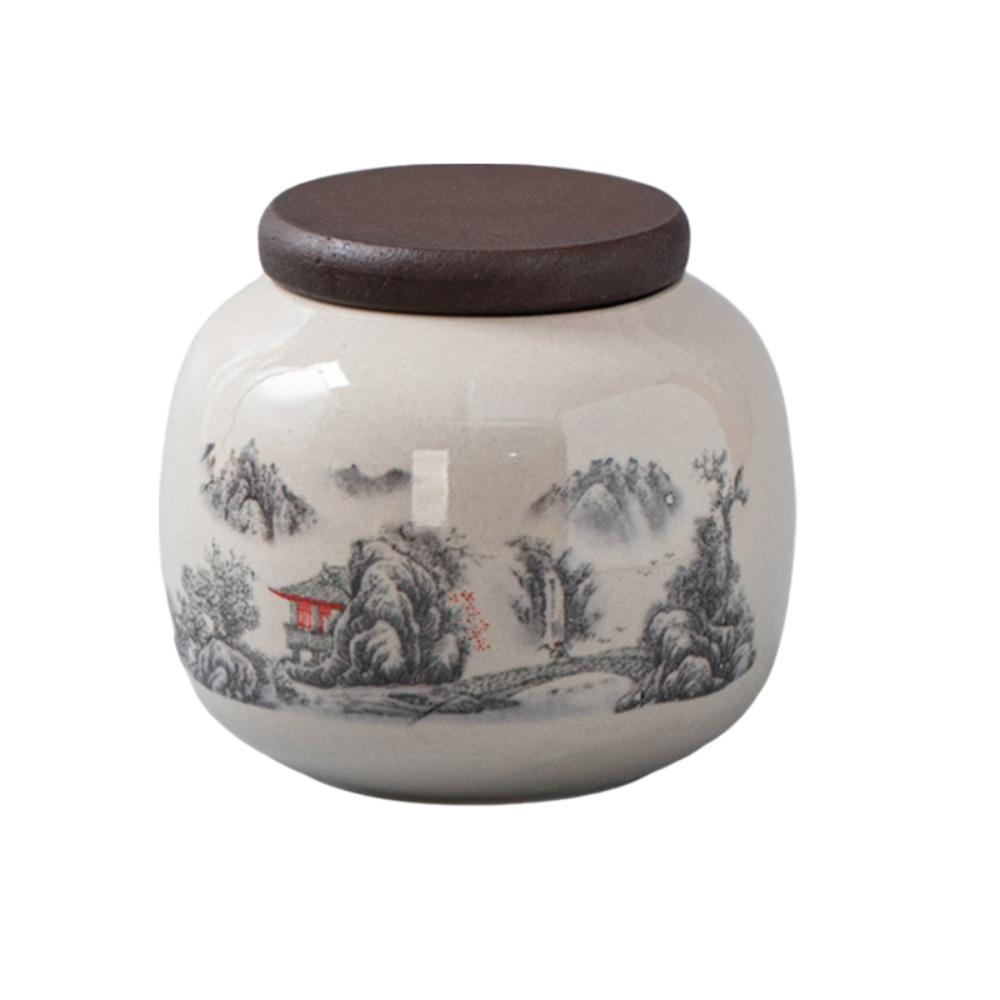 Ceramic Traditional Chinese Tea Canister Wood Lid Moisture Proof Tea Storage Jar Colored Glaze Retro Tea Leaf Can Office
