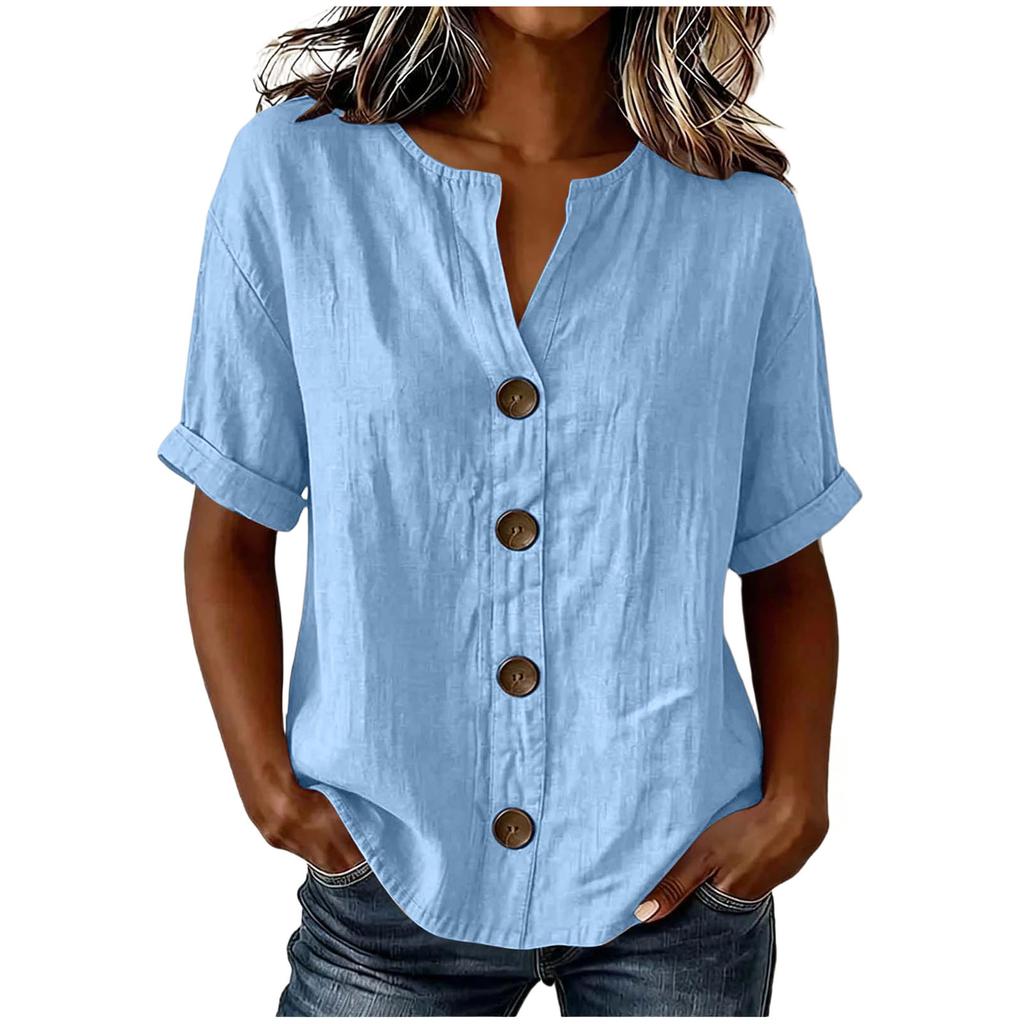 Women'S Elegant V Neck Short Sleeve Button Down Cotton Linen Blouse, Solid Color Summer Office Casual Top