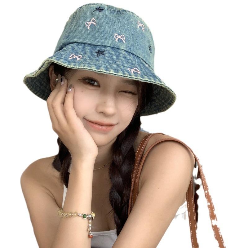Summer Versatile Bow Embroidery Retro Old Cowboy Fisherman Hat Women Sun Protection Sun Protection Showing Face Small Basin Hat