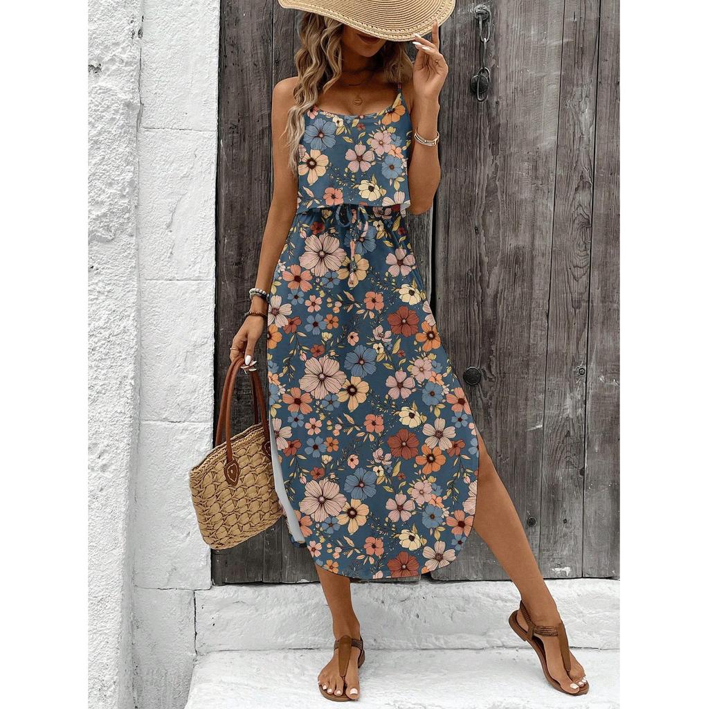 Women's Summer Spaghetti Strap Dress with Belt & Side Slit - Casual Sleeveless Flowy Dress