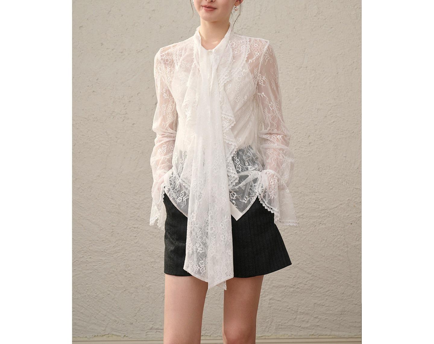 

Spring/Summer 2026 Lace Floral Ruffled Two-Piece Blouse Set – Versatile Multi-Season Shirt M