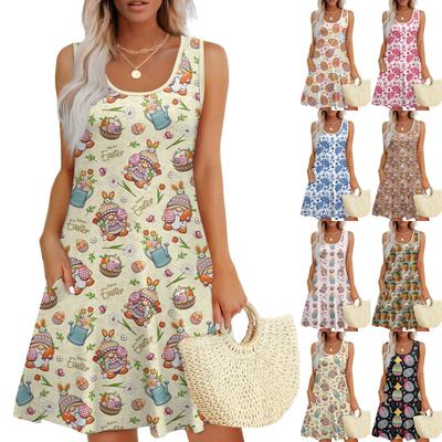 Robe Décontractée Femme Sans Manches Col Rond Imprimé Pâques