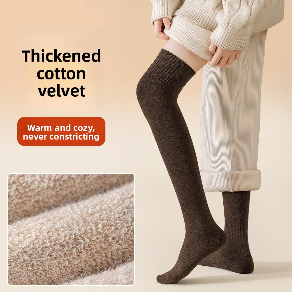 Autumn and Winter, Women's Knee-length Fleece Socks with Thick Loops for Warmth, Pure Cotton for Ladies
