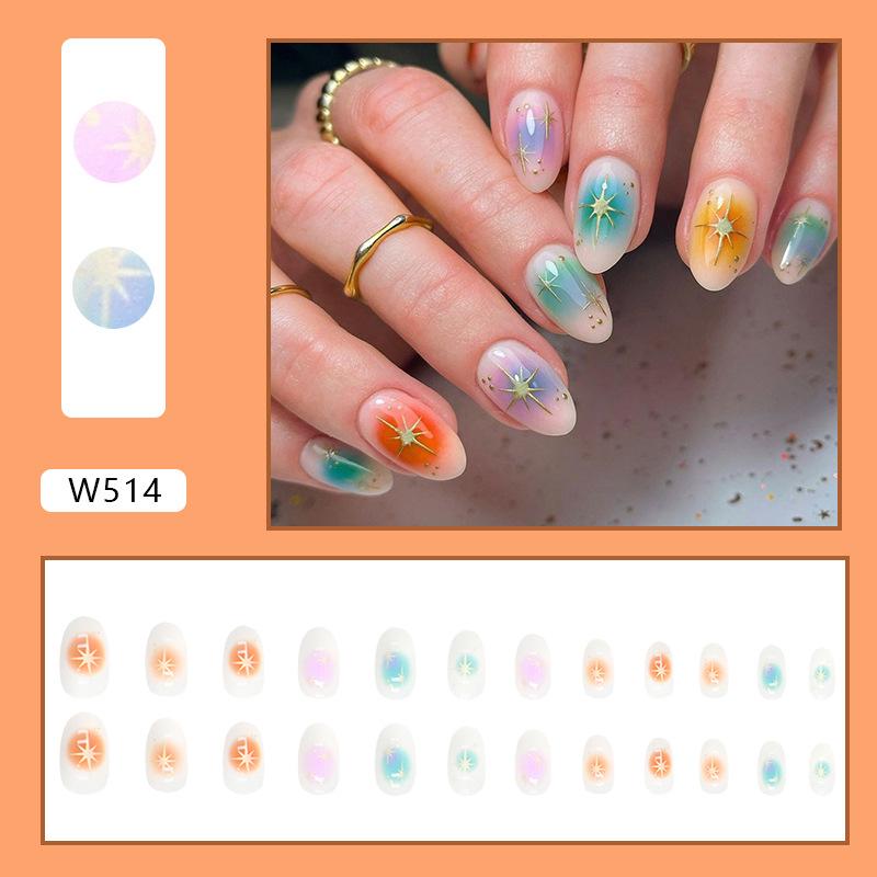 

Short round head European and American fake nails Colorful star training special film nails