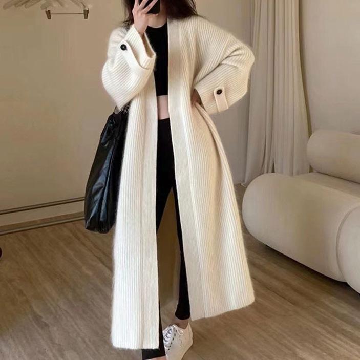 

Женская зимняя утолщенная куртка-кардиган с подкладкой, длинное пальто выше колена с V-образным вырезом, приятная для кожи теплая повседневная трикотажная куртка XXS