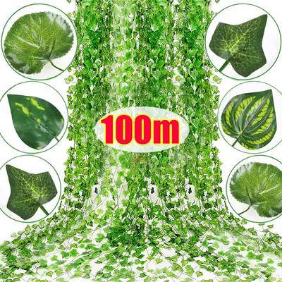 100/2M Artificial Green Ivy Vine Garland Fake Leaf Plants Rattan Hanging Creeper Garlands for Garden Wedding Party Wall Decors