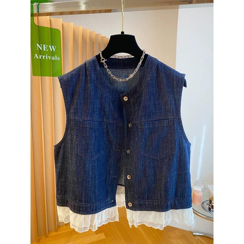 South Korea 1116 summer new hem fungus edge mesh stitching vest sleeveless jacket denim vest women