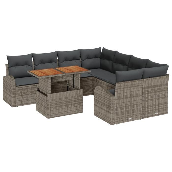 Ensemble de Canapé de Jardin 9 Pièces avec Coussins Gris Rattan Poly, Canapé de Jardin 2 Places avec Rangement et Coussins 3358302