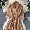 Sexy Chic Polo-Neck Single Breasted Ruffle Dress Elegant Korean Fashion Slim Summer Vintage Sweet Dresses