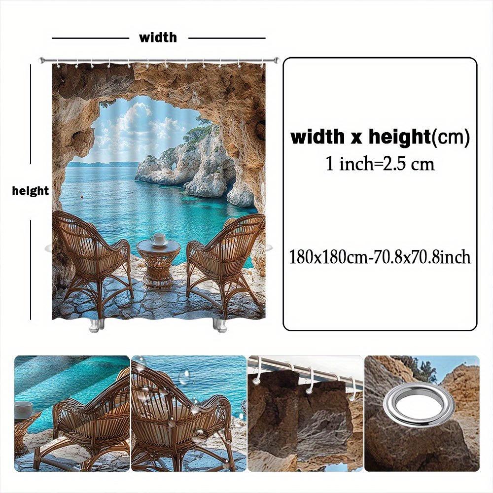 1pc Coastal Cave View Shower Curtain - Lush Forest & Waterfall Digital Art,  Machine Washable, All-Season, Unlined