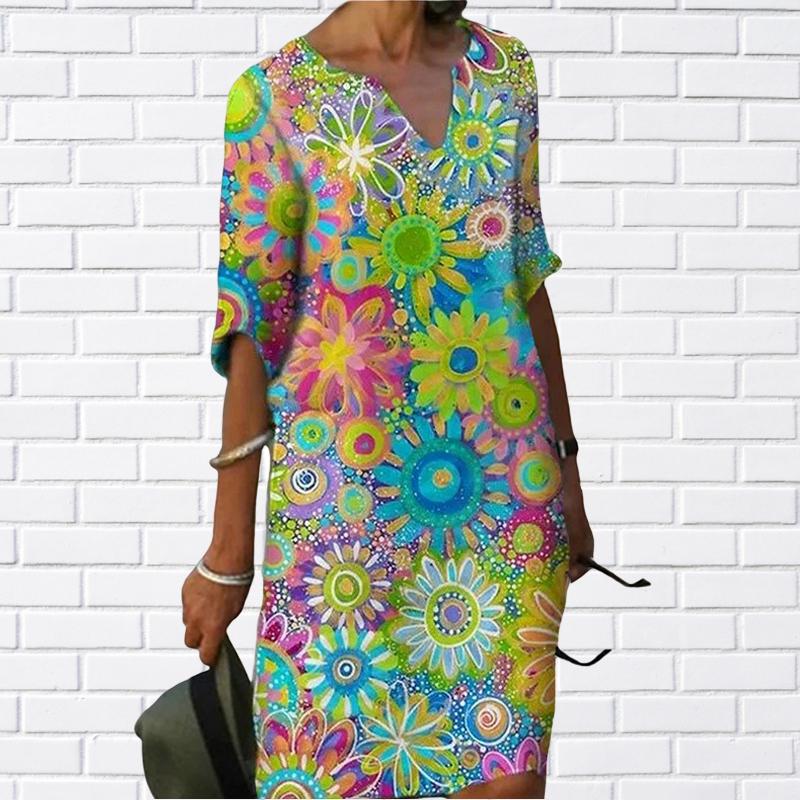 Half Sleeve Yellow Flower Printed Dress 