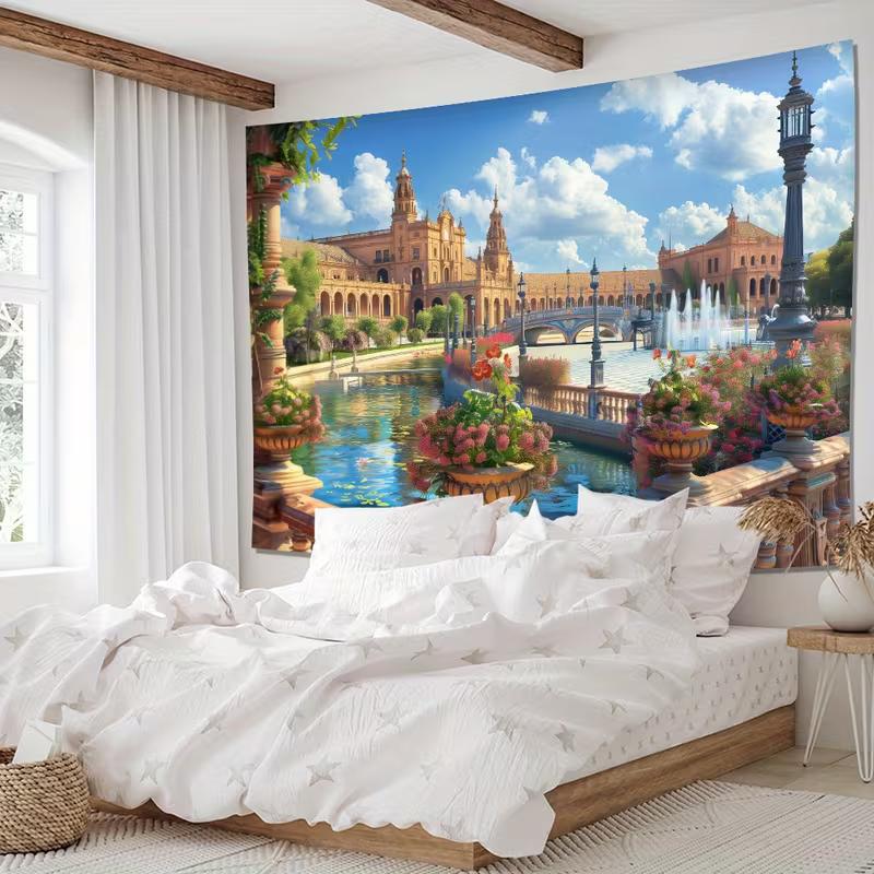 2D Seville Plaza Canal & Flowers Wall Tapestry European Palace Background Cloth for Aesthetic Home Decoratio