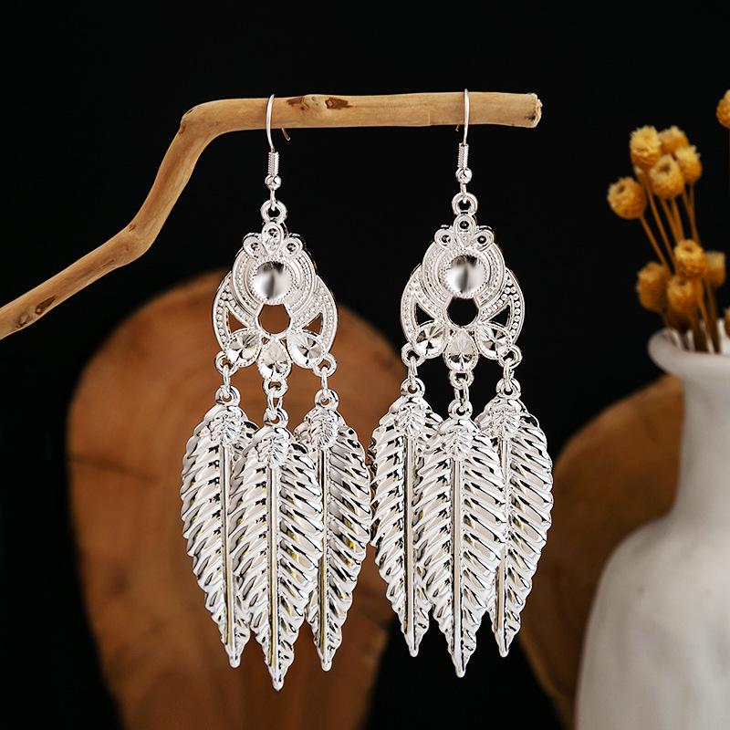 Imitation Miao Silver Ethnic Long Leaf Tassel Dangle Earrings