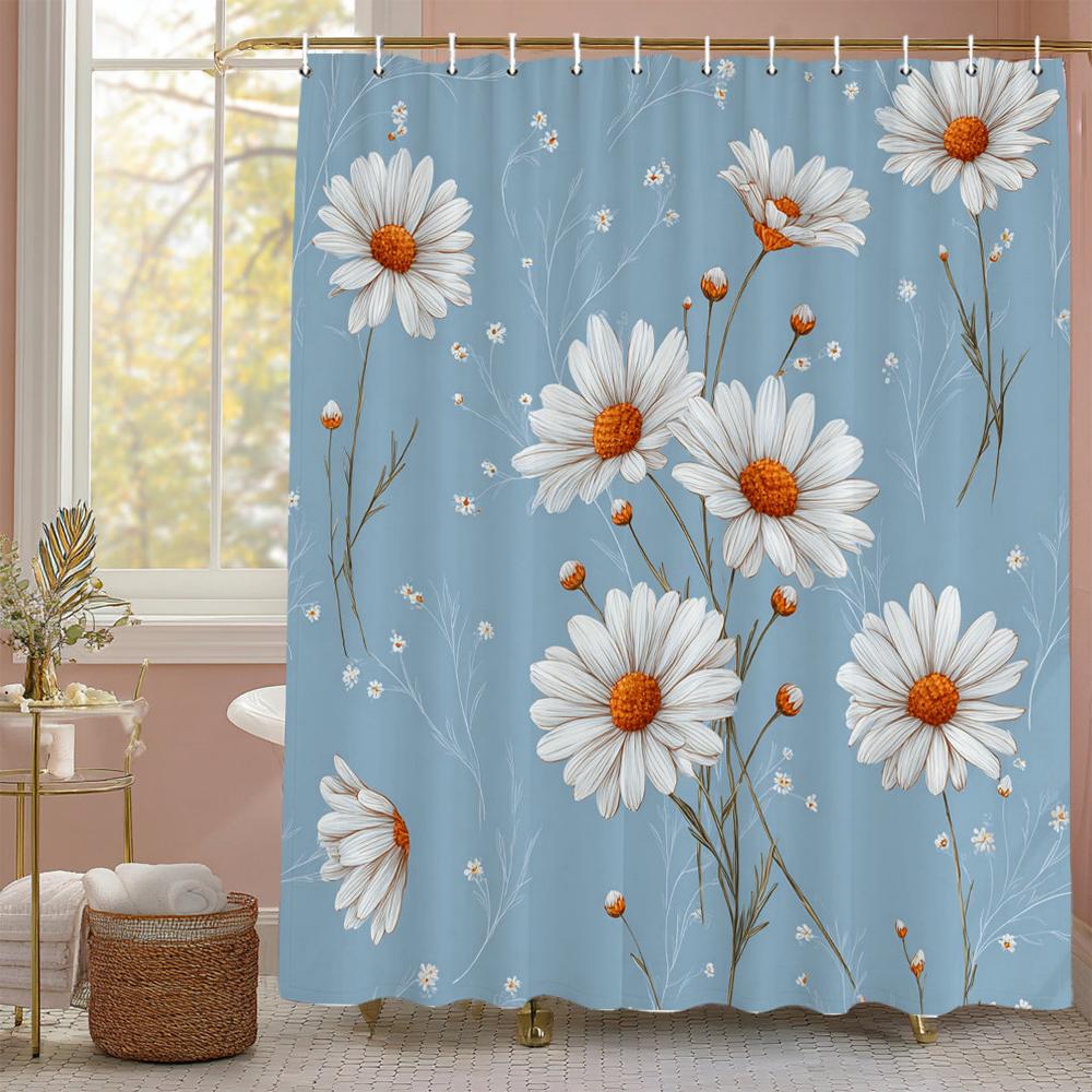 White Daisy Flowers Shower Curtain, Floral Art Bathroom Decorative Shower Curtain, Printed Polyester Fabric Curtain with Hooks