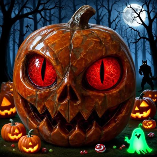 Handmade Red-Eyed Pumpkin Figurine Handcrafted Marble-Look Resin Pumpkin Statue with Amber Eyes for Halloween Tabletop Shelf Decor