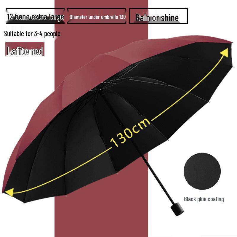 12-Rib Extra Large Folding Umbrella for Rain and Sun - Reinforced, Thick, Three-Person Capacity