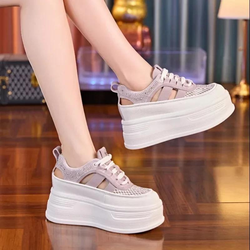 Fashion 8cm New Air Mesh Synthetic Leather Chunky Sneaker Breathable Hollow Platform Wedge Women Flats Shoes Sandals Summer Ethnic