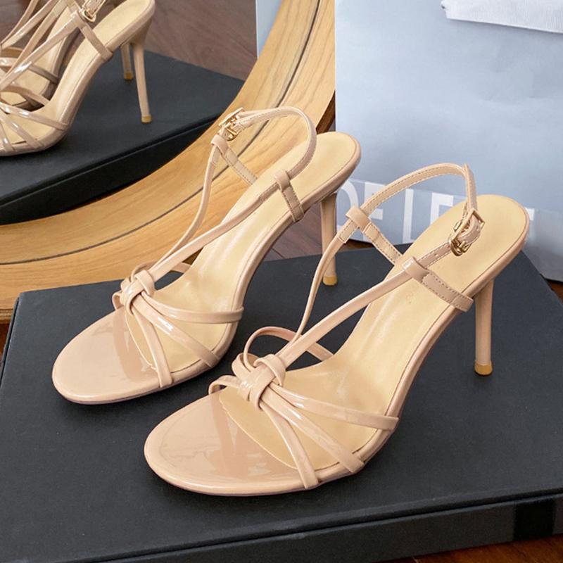

Fashion Liyke Apricot Patent Leather knot Narrow Band Women Sandals Fashion Round Toe Gladiator Heels Shoes Back Buckle Strap Sandalias 35